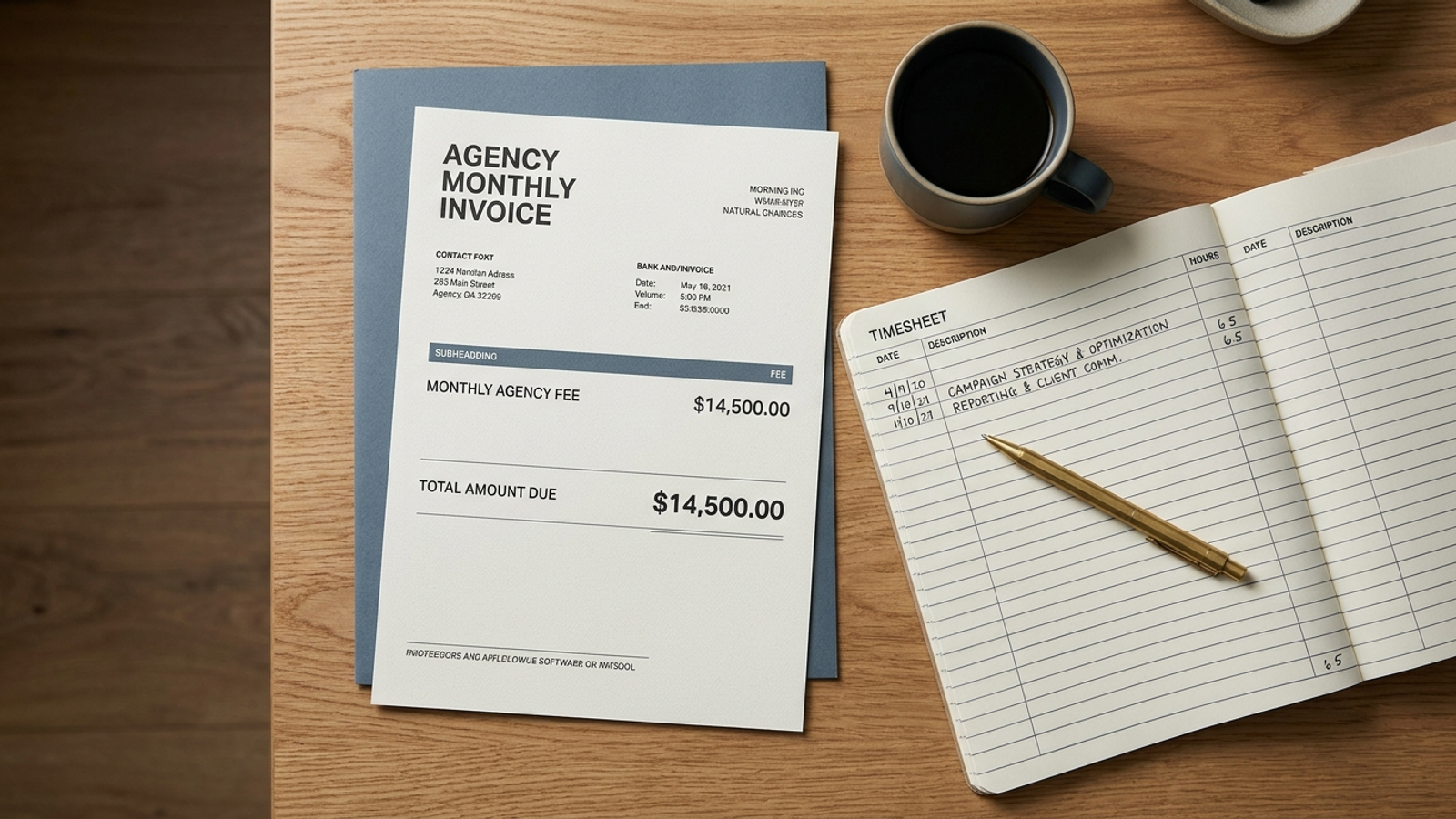 A photo-style editorial shot of a clean modern desk with an agency timesheet showing few hours beside a large invoice.
